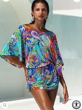 Luli Fama Multicolor Floral Paisley Swim Coverup - Blue, Green, Pink, Orange